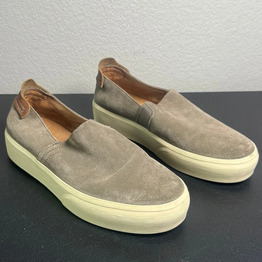 Frye Veacon Mens Grey Suede Slip On Sneakers Leather Trim Taupe Low Top 7.5